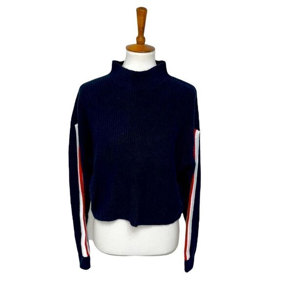 DIVIDED navy cropped long sleeved knit mock neck sweater striped sleeves OS - Picture 1 of 10